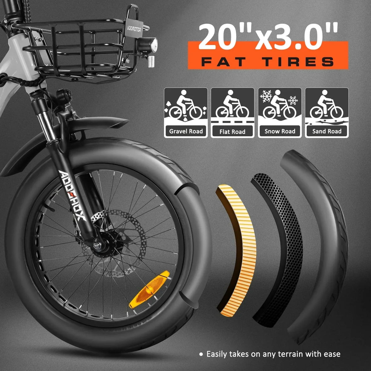 Nouveauté 2026 – Tricycle électrique Addmotor , 750 W, pliable, pour adultes, batterie amovible 48 V 20 Ah, pneus larges 20 pouces avec différentiel arrière, M-330F jaune
