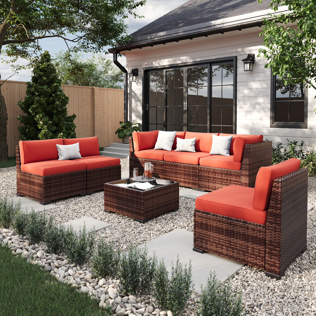 Nouveauté 2026 – Ensemble de mobilier de patio 7 pièces ELPOSUN , canapé d'angle en rotin gris foncé pour jardin