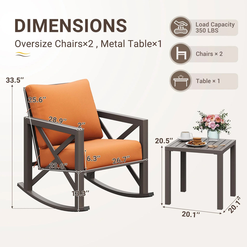 Nouveauté 2026 – Ensemble bistro MRUAKA , 3 pièces, comprenant 2 fauteuils à bascule et 1 table basse en métal avec coussins épais, idéal pour véranda, jardin ou bord de piscine, couleur beige