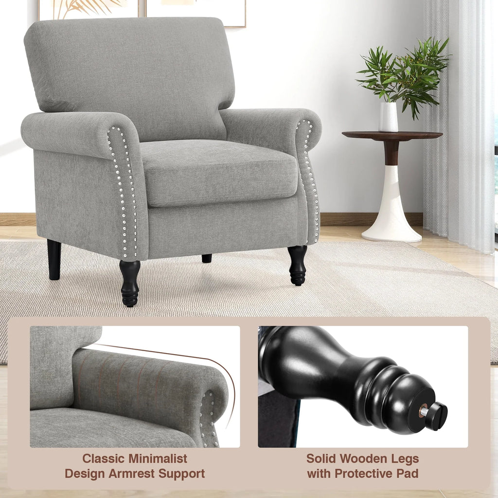 Nouveauté 2026 – Fauteuil d'appoint moderne COOLHUT , canapé une place confortable revêtu de tissu lin avec structure en bois massif, gris