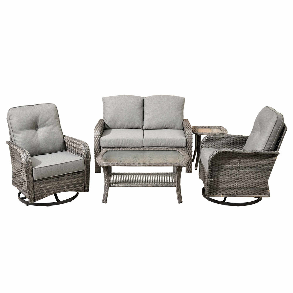 Nouveauté 2026 – Ensemble de mobilier de jardin 5 pièces Ovios , comprenant fauteuils pivotants et table basse, en résine tressée résistante aux intempéries, gris foncé