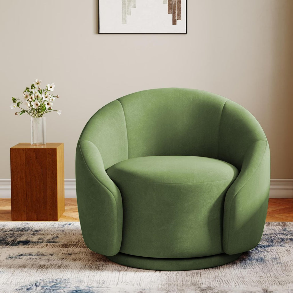 Nouveauté 2026 – Fauteuil pivotant 360" pour salon, fauteuil tonneau bouclé, canapé une place, fauteuil de lecture, vert sauge