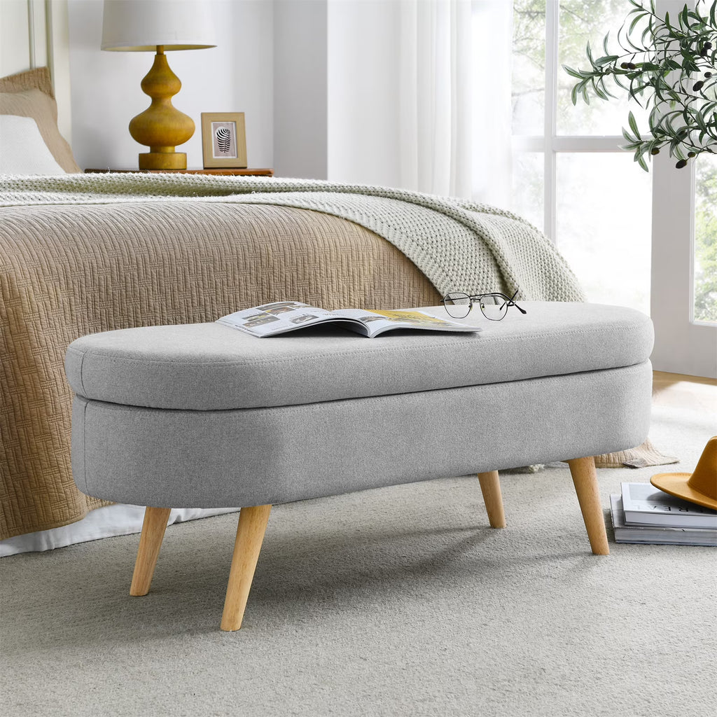 Nouveauté 2026 – Nouveau banc ottoman de rangement ovale de 110 cm (43,5 po) avec pieds en bois massif, revêtement en lin, charnière de sécurité, idéal pour l'entrée ou comme banc d'intérieur au pied du lit, à côté d'un canapé ou dans une entrée