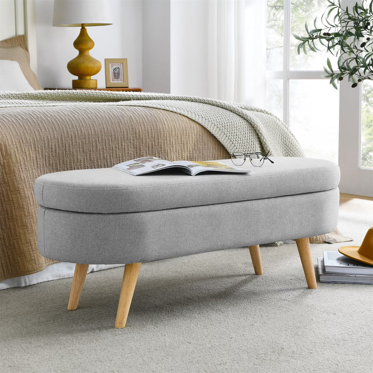 Nouveauté 2026 – Nouveau banc ottoman de rangement ovale de 110 cm (43,5 po) avec pieds en bois massif, revêtement en lin, charnière de sécurité, idéal pour l'entrée ou comme banc d'intérieur au pied du lit, à côté d'un canapé ou dans une entrée