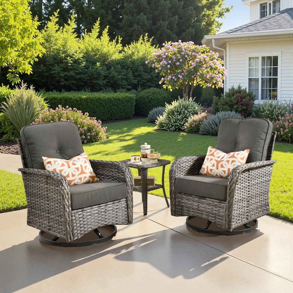 Nouveauté 2026 – Ensemble de mobilier de jardin 5 pièces Ovios , comprenant fauteuils pivotants et table basse, en résine tressée résistante aux intempéries, gris foncé
