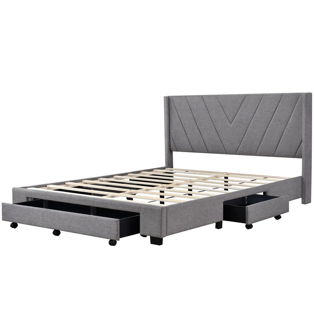 Nouveauté 2026 – Cadre de lit Queen Sesslife avec rangement, nouveau lit plateforme rembourré en lin amélioré avec 3 tiroirs, lit de rangement Queen avec tête de lit et lattes en bois, aucun sommier requis, supporte 227 kg, beige
