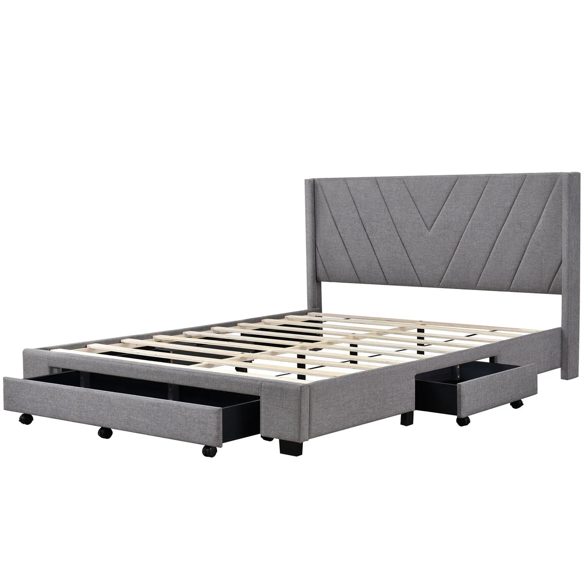 Nouveauté 2026 – Cadre de lit Queen Sesslife avec rangement, nouveau lit plateforme rembourré en lin amélioré avec 3 tiroirs, lit de rangement Queen avec tête de lit et lattes en bois, aucun sommier requis, supporte 227 kg, beige