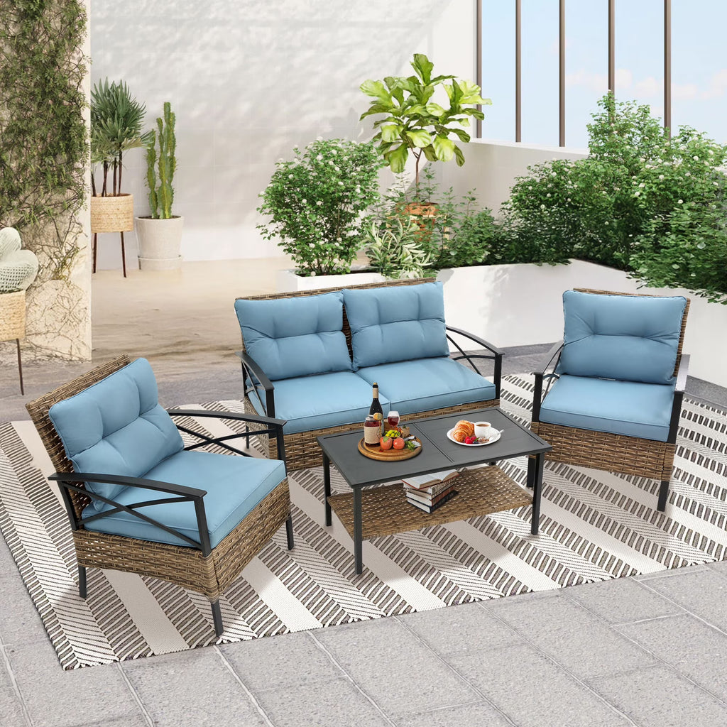 Nouveauté 2026 – Ensemble de mobilier de patio robuste , ensemble de conversation d'extérieur sectionnel 4 pièces, ensemble de canapé de patio en rotin PE marron avec coussins bleus