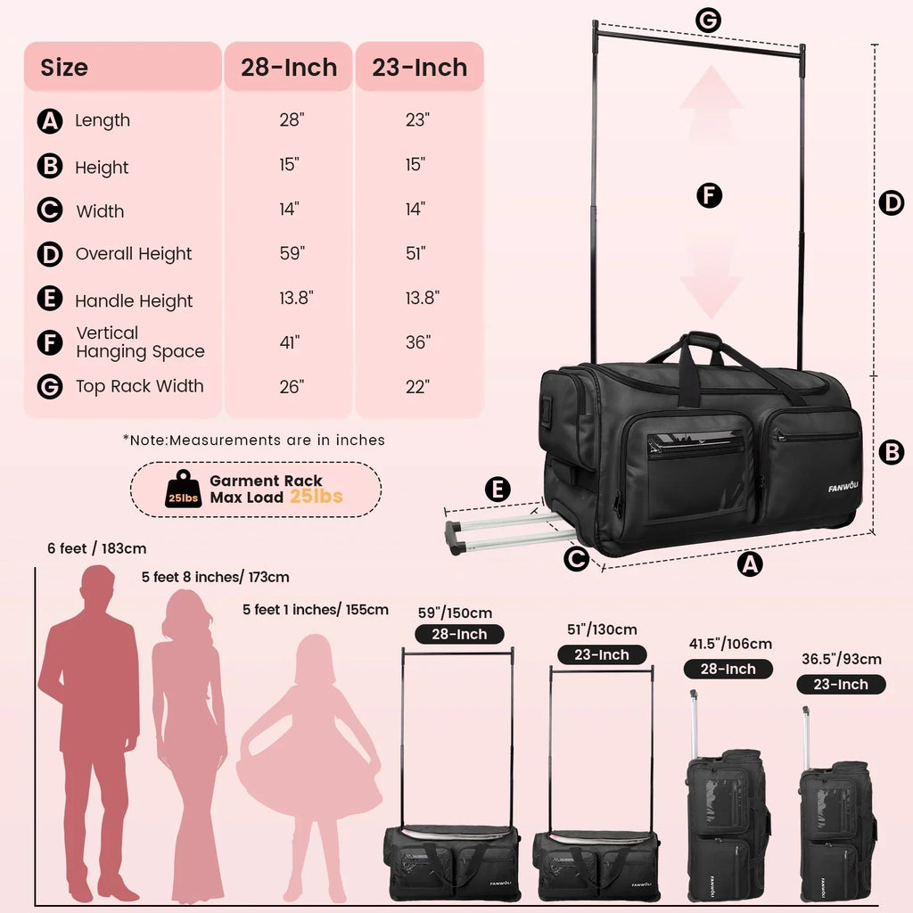 Nouveauté 2026 – Sac de danse Fegat avec portant - Sac de danse pliable à roulettes de 71 cm (28 pouces) pour compétitions, danse, spectacles, streamers et athlètes. Valise légère à roulettes