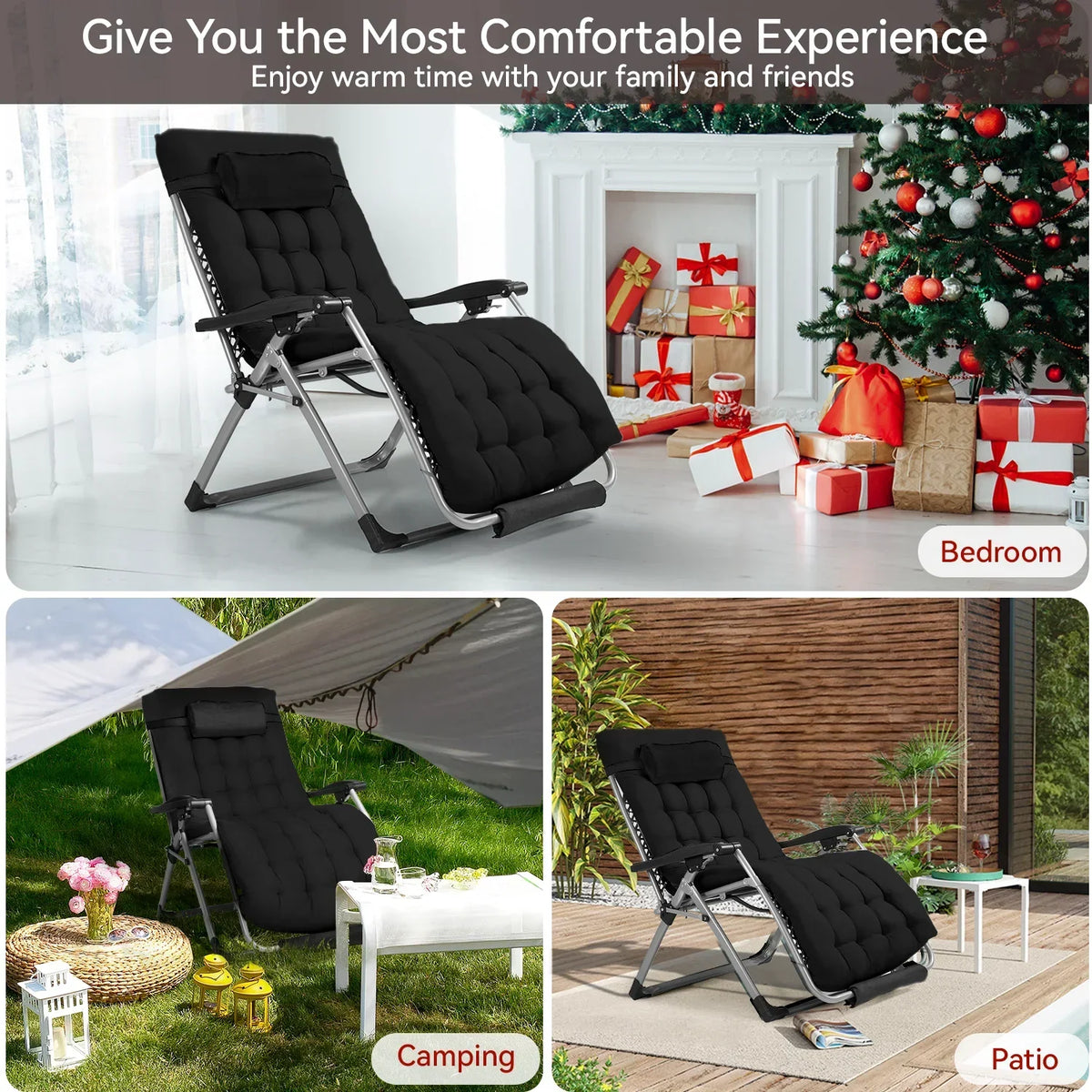 Nouveauté 2026 – Fauteuil zéro gravité surdimensionné VECUKTY XXL - Capacité de 227 kg, siège rembourré de 84 cm de large, fauteuil de voyage pliable pour une utilisation intérieure/extérieure - Terrasse, pelouse, noir, portable et robuste