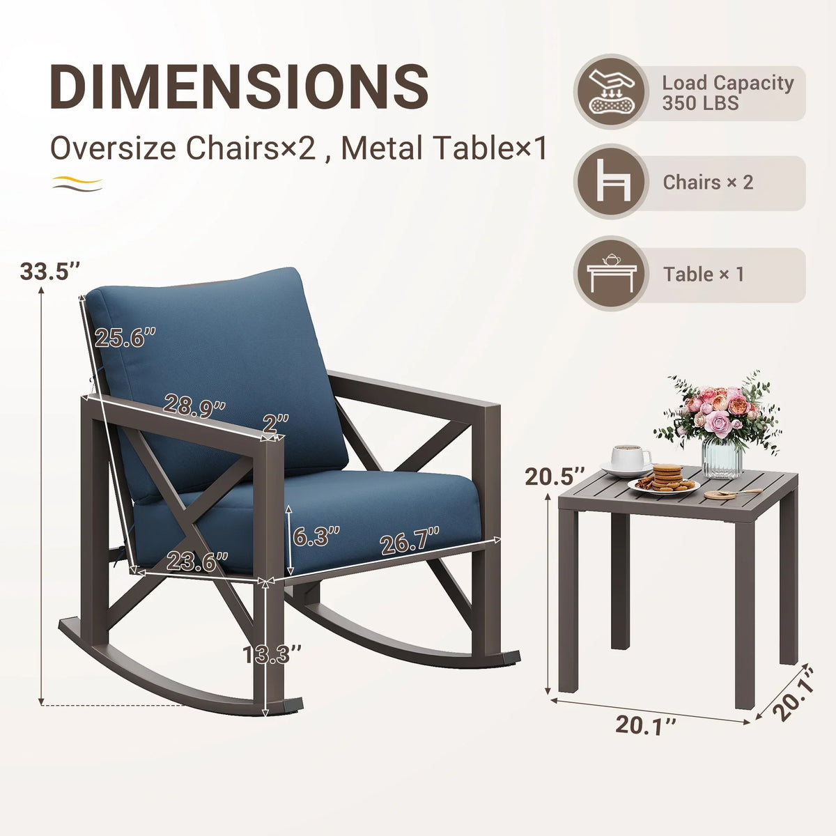 Nouveauté 2026 – Ensemble bistro MRUAKA , 3 pièces, comprenant 2 fauteuils à bascule et 1 table basse en métal avec coussins épais, idéal pour véranda, jardin ou bord de piscine, couleur beige