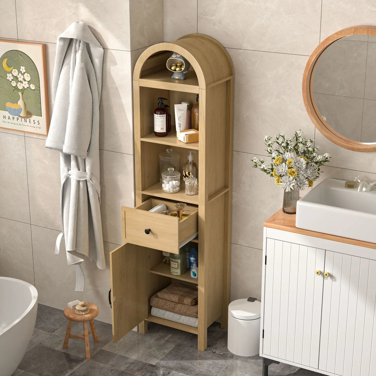 Nouveauté 2026 – Armoires de rangement hautes pour salle de bain Fiogmub avec portes et étagères, armoire à linge haute et étroite avec tiroir