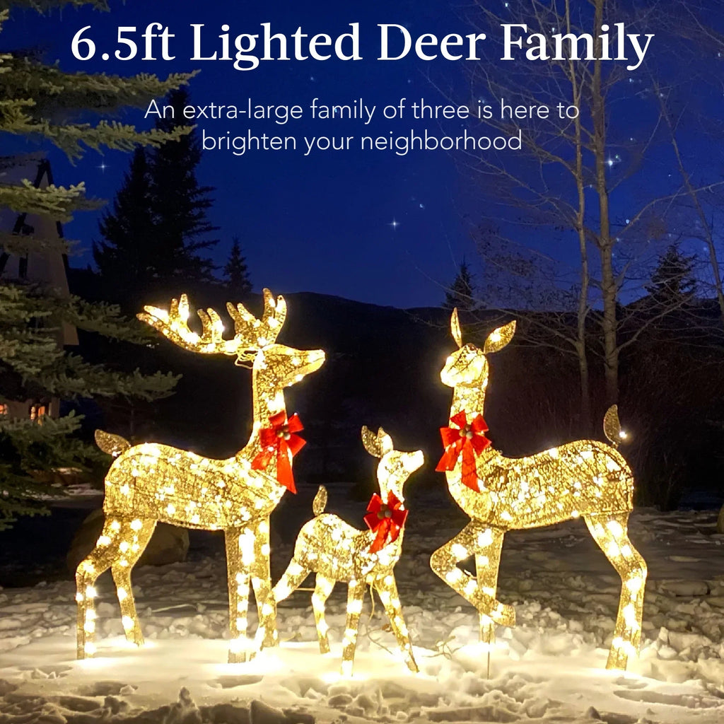 Nouveauté 2026 – Décoration de jardin extérieure Best Choice Products : cerfs lumineux de Noël en 3 pièces, 2 m (6,5 pi), avec 385 lumières DEL et piquets – Or