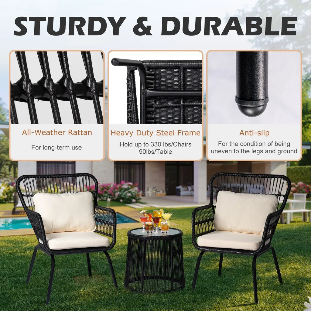 Nouveauté 2026 – Ensemble bistro de conversation 3 pièces Tappio pour patio, mobilier de jardin en rotin, table basse en verre et coussins, jaune/beige, idéal pour le jardin, le balcon, la terrasse ou la piscine