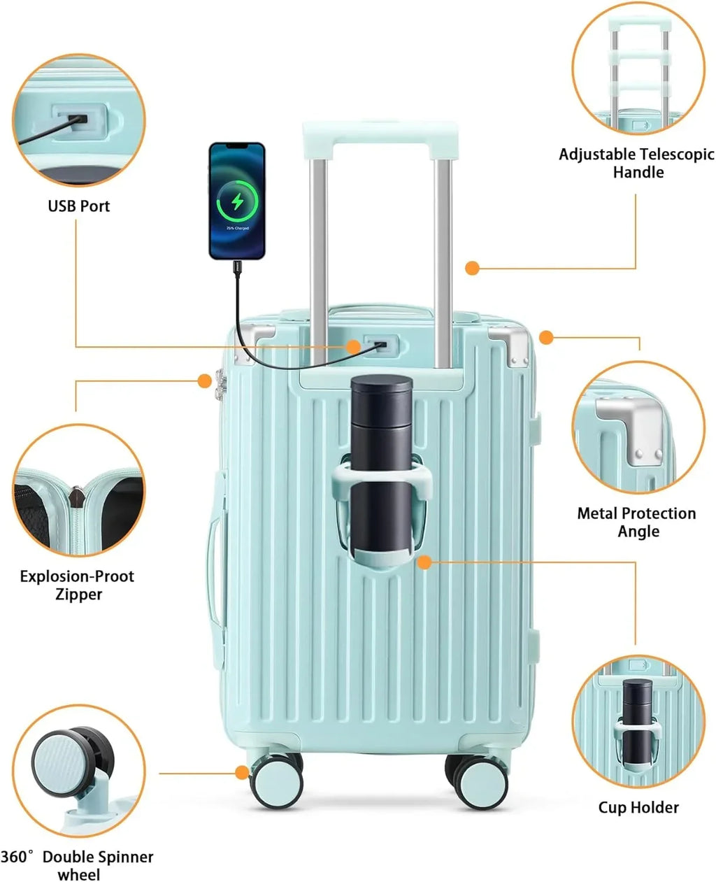 Nouveauté 2026 – Valise cabine 20 de 51 cm (20 pouces) avec porte-gobelet et port USB, approuvée par les compagnies aériennes et verrouillable TSA, légère, en polycarbonate, avec roulettes pivotantes à 360°