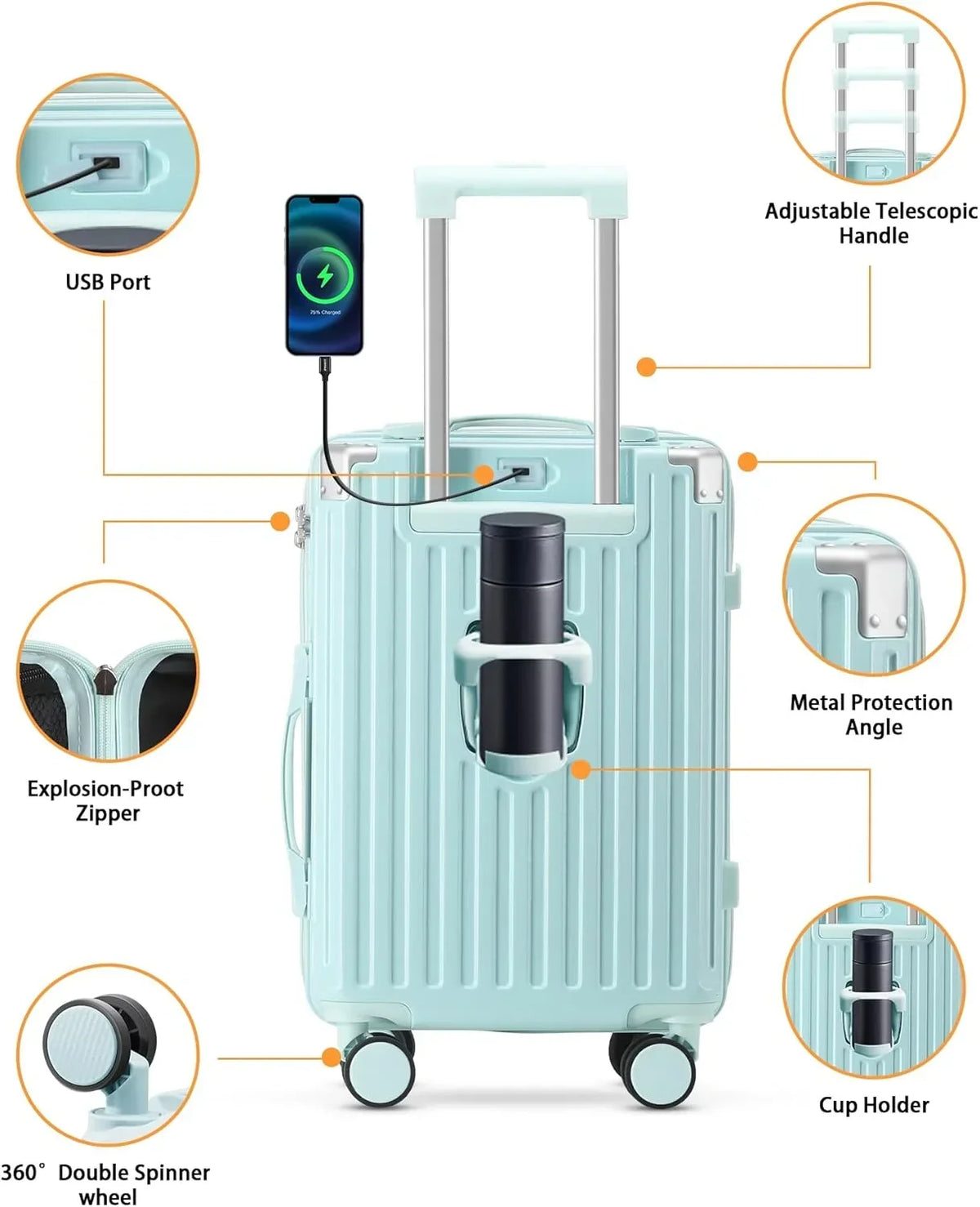 Nouveauté 2026 – Valise cabine 20 de 51 cm (20 pouces) avec porte-gobelet et port USB, approuvée par les compagnies aériennes et verrouillable TSA, légère, en polycarbonate, avec roulettes pivotantes à 360°