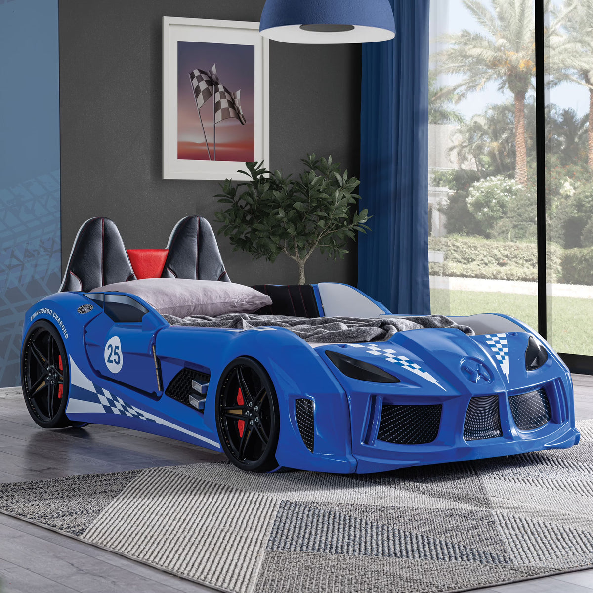 Nouveauté 2026 – Lit double en plastique pour enfants Dash Kids, motif voiture de course, avec LED et son, blanc, Furniture of America