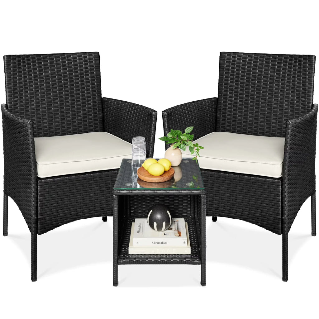 Nouveauté 2026 – Ensemble bistro de jardin 3 pièces en résine tressée Best Choice Products , avec 2 chaises et une table - Gris/Bleu marine