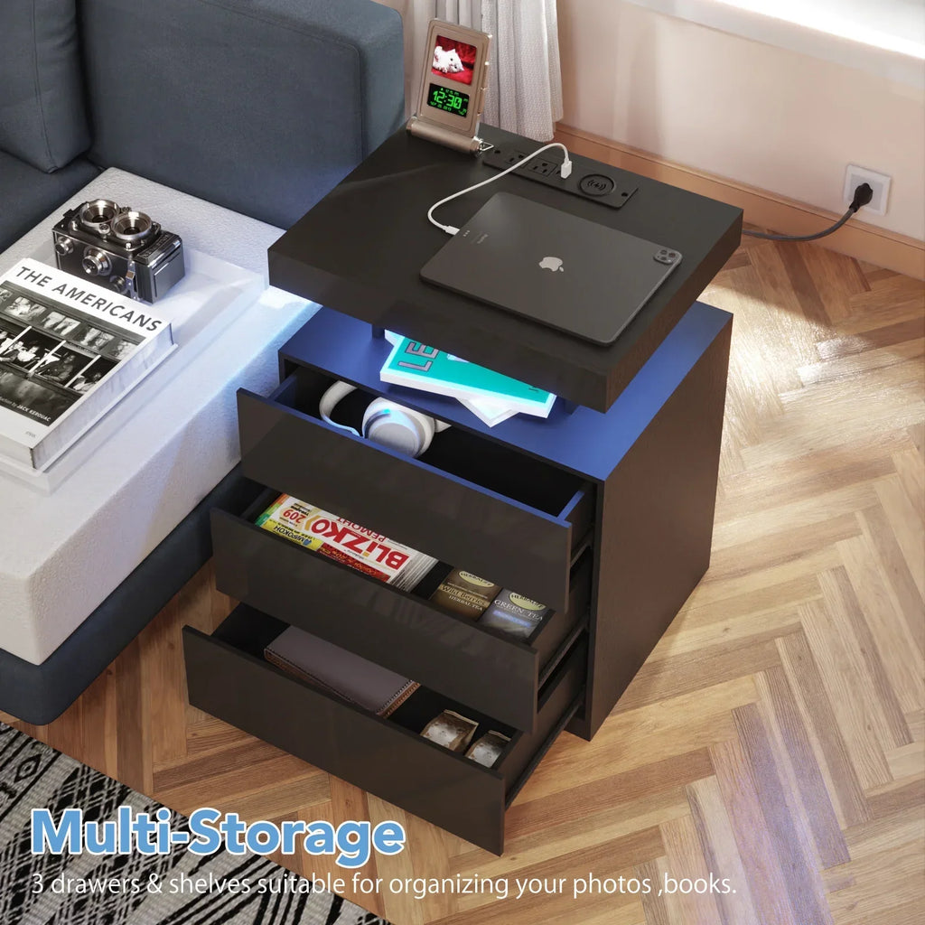 Nouveauté 2026 – Table de chevet LED Hommpa avec station de charge sans fil, ports USB Type-C, 3 tiroirs, finition laquée noire, style moderne et élégant, hauteur 68 cm (26,8 pouces). Idéale pour la chambre à coucher
