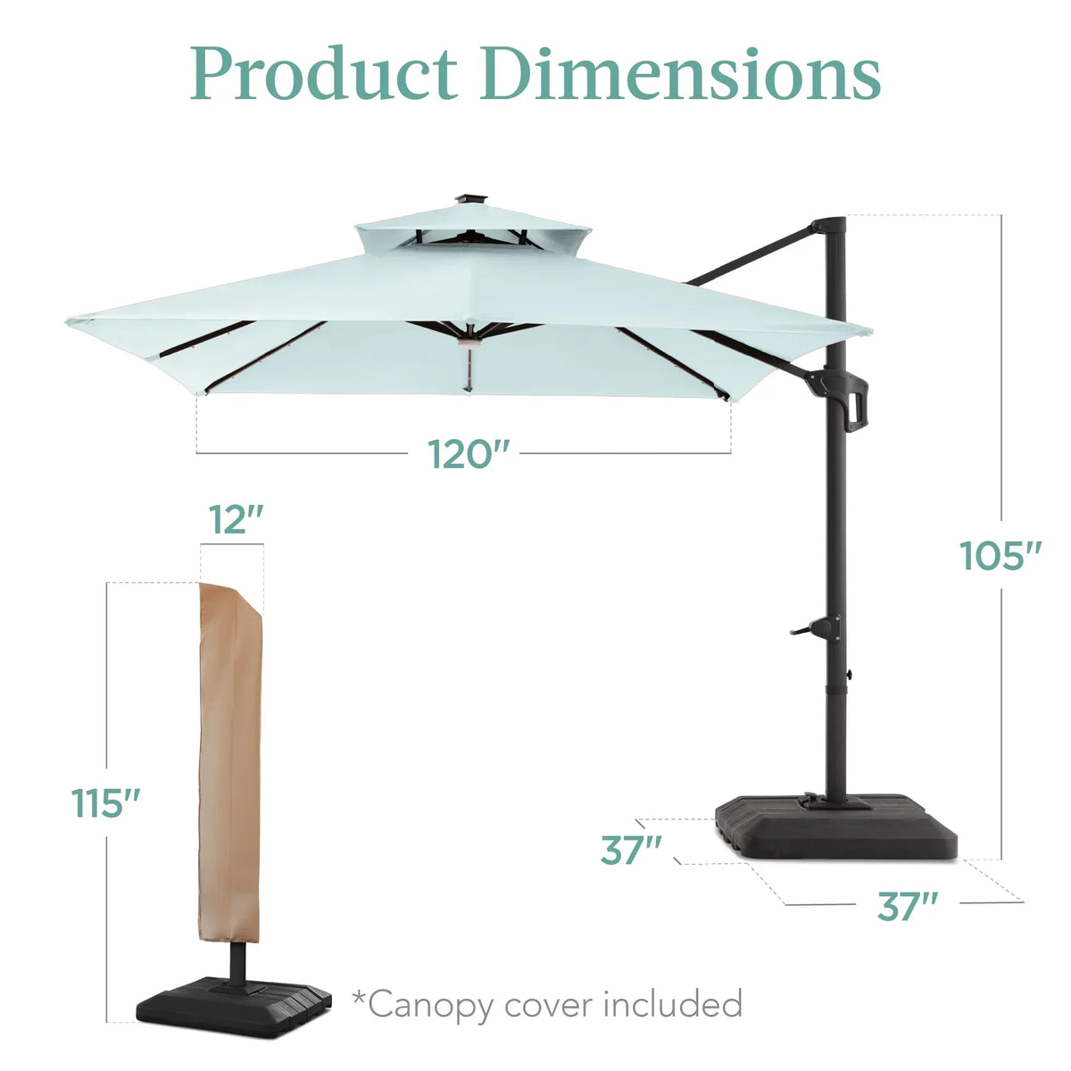 Nouveauté 2026 – Parasol de terrasse carré déporté à deux niveaux, 3 x 3 m, à éclairage solaire LED, avec base incluse (Best Choice Products, ) - Beige