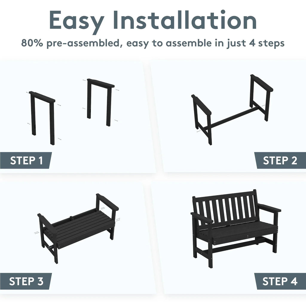 Nouveauté 2026 – Banc d'extérieur SERWALL pour 2 personnes, en PEHD résistant aux intempéries avec renforts en aluminium, supporte jusqu'à 300 kg, confortable pour terrasse, jardin et véranda, noir