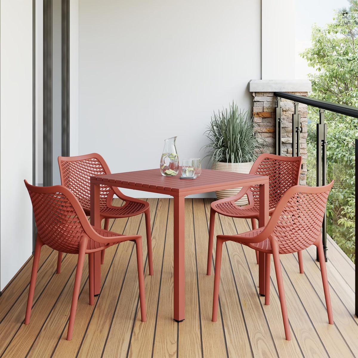 Nouveauté 2026 – Ensemble de salle à manger d'extérieur WestinTrends Playa 5 pièces avec table et chaises empilables, structure en métal, vert olive