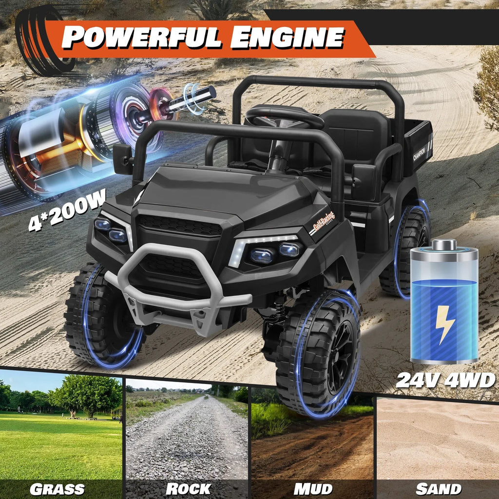 Nouveauté 2026 – Joyracer , véhicule tout-terrain électrique (UTV) 24 volts pour enfants, 2 places, avec télécommande. Voiturette de golf électrique avec 4 moteurs de 200 W, remorque inclinable et pelle, suspension à ressorts sur les 4 roues, musique