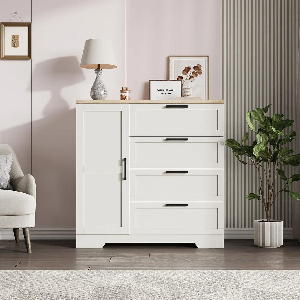 Nouveauté 2026 – Armoire-penderie en bois Ataucjin avec 4 tiroirs et une porte, hauteur 110 cm (43,3 po), avec tringle, rangement pour vêtements, commode à 4 tiroirs avec placard de rangement