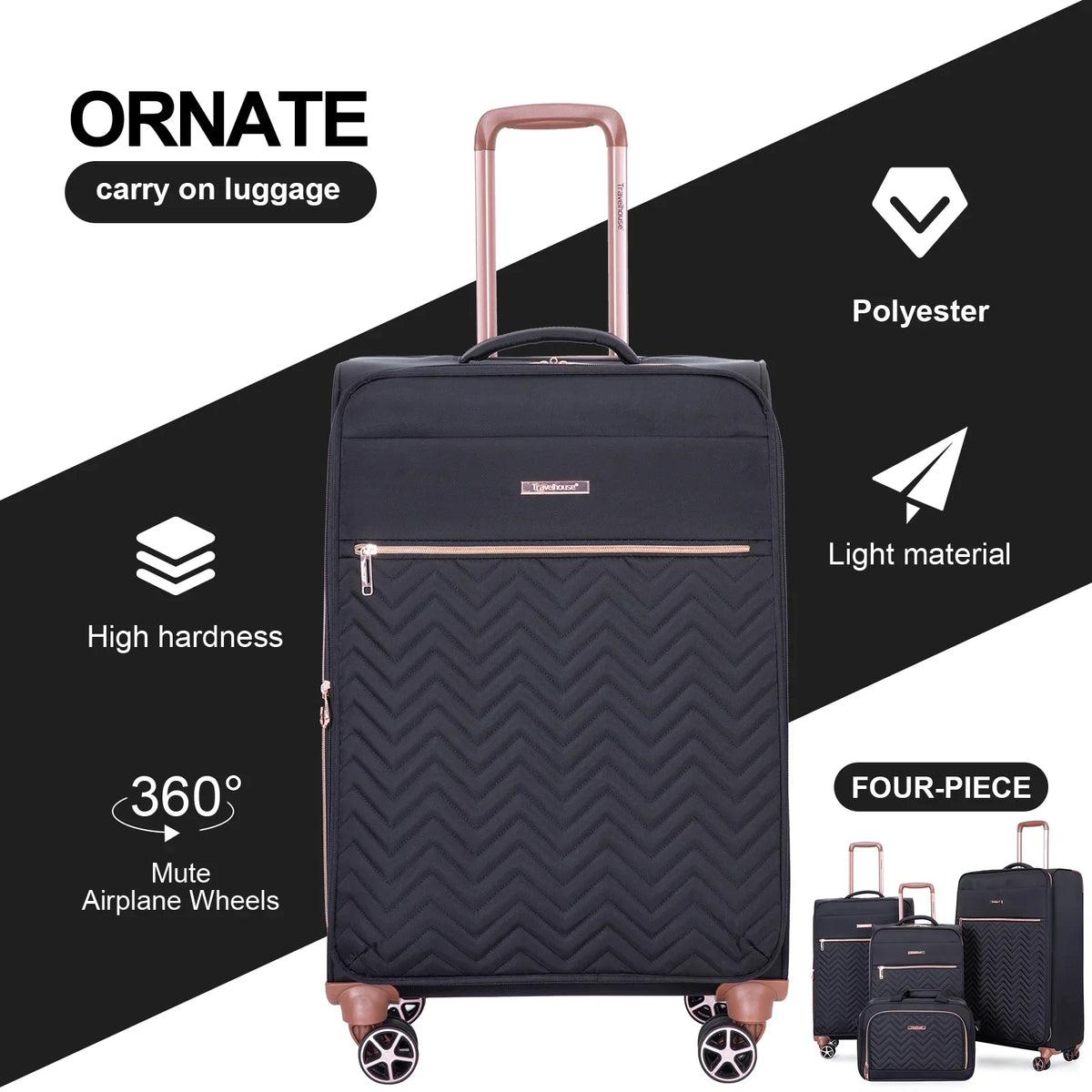 Nouveauté 2026 – Ensemble de 4 bagages Travelhouse : valise souple extensible et légère avec doubles roulettes multidirectionnelles (noir