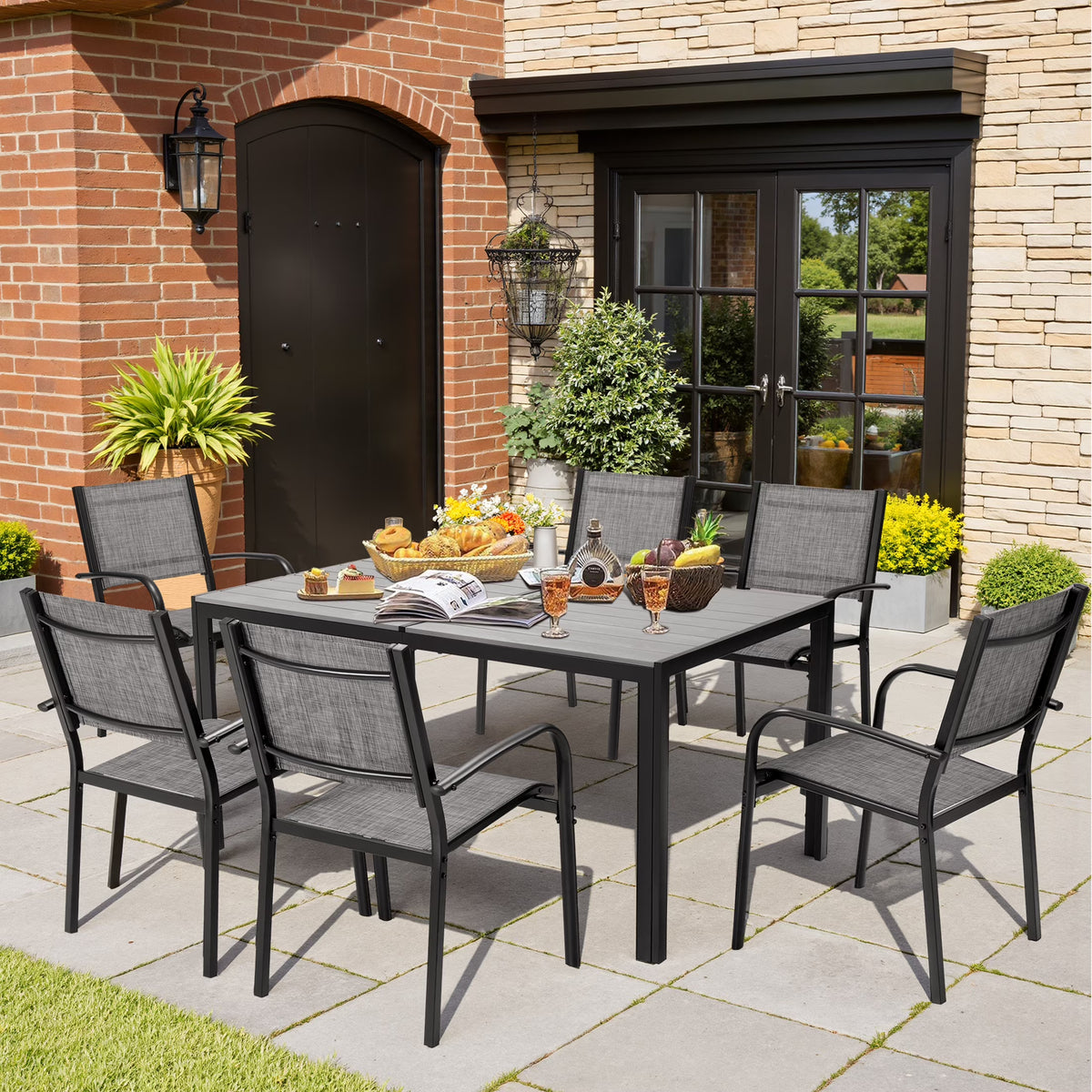 Nouveauté 2026 – Ensemble de salle à manger d'extérieur 7 pièces , comprenant une table et des chaises pour 6 personnes, un plateau en plastique imitation bois et un mobilier de jardin en textilène. Idéal pour terrasse ou patio