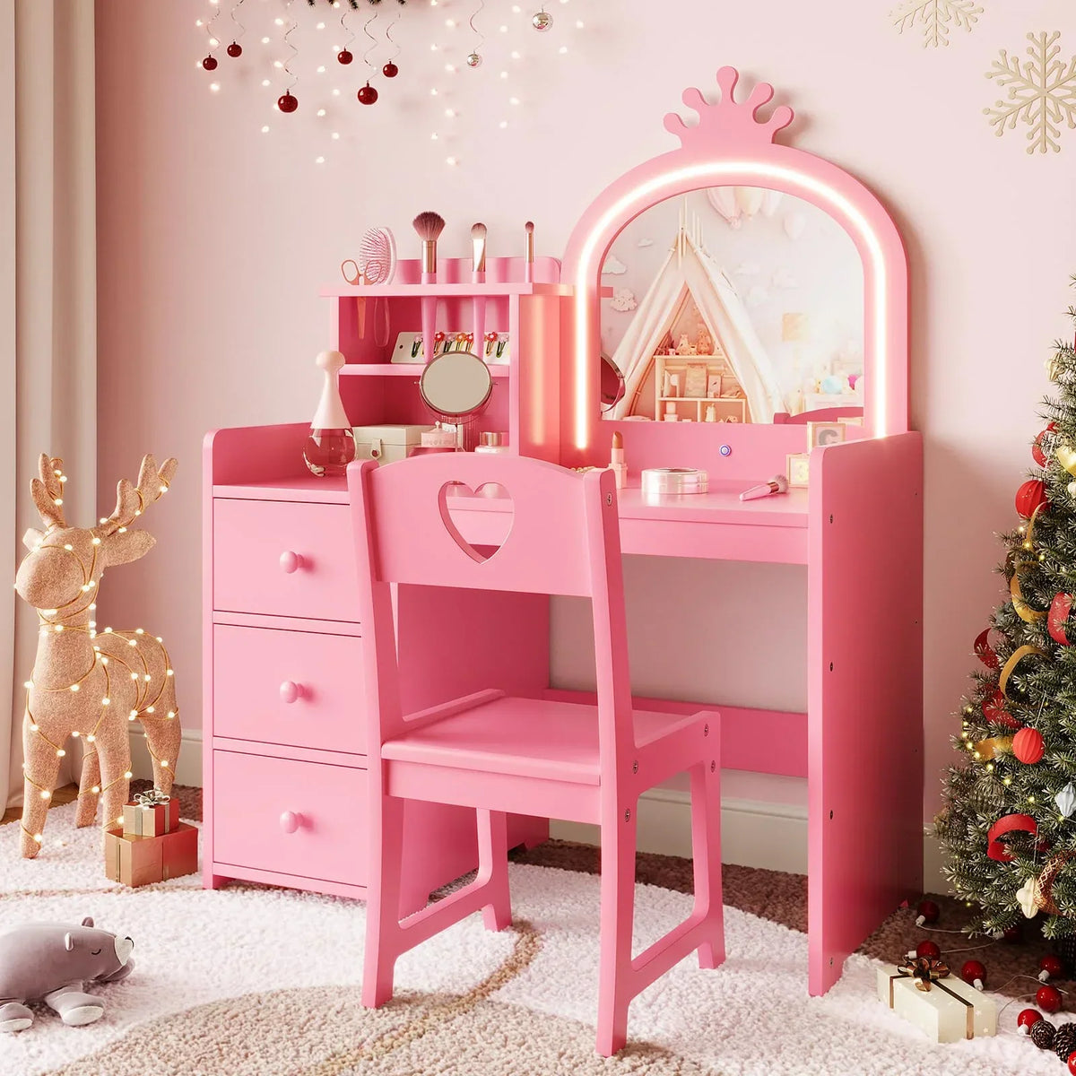Nouveauté 2026 – Ensemble coiffeuse Yeshouse Princess pour filles avec rangement et éclairage