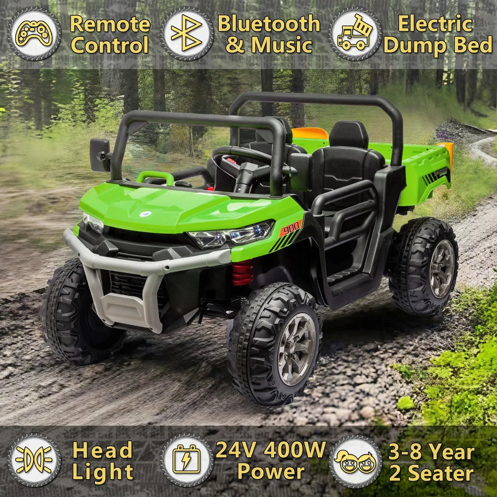 Nouveauté 2026 – Camion électrique Xuanlur 24V 2 places pour enfants , avec moteur 2x200W, benne basculante/pelle, pneus résistants, lumières LED, musique et télécommande, noir