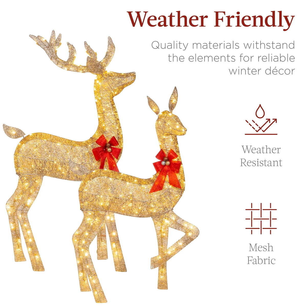 Nouveauté 2026 – Décoration de jardin extérieure Best Choice Products : cerfs lumineux de Noël en 3 pièces, 2 m (6,5 pi), avec 385 lumières DEL et piquets – Or