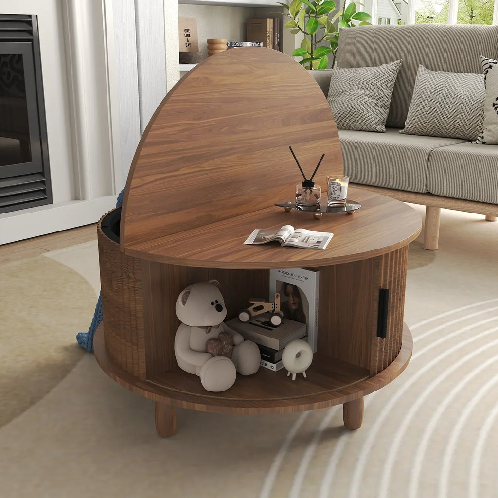 Nouveauté 2026 – Table basse ronde RUMLIVE avec rangement, table basse moderne de 78 cm avec porte coulissante incurvée à 360°, table basse en bois cannelé avec patins, table centrale ronde pour salon, noire