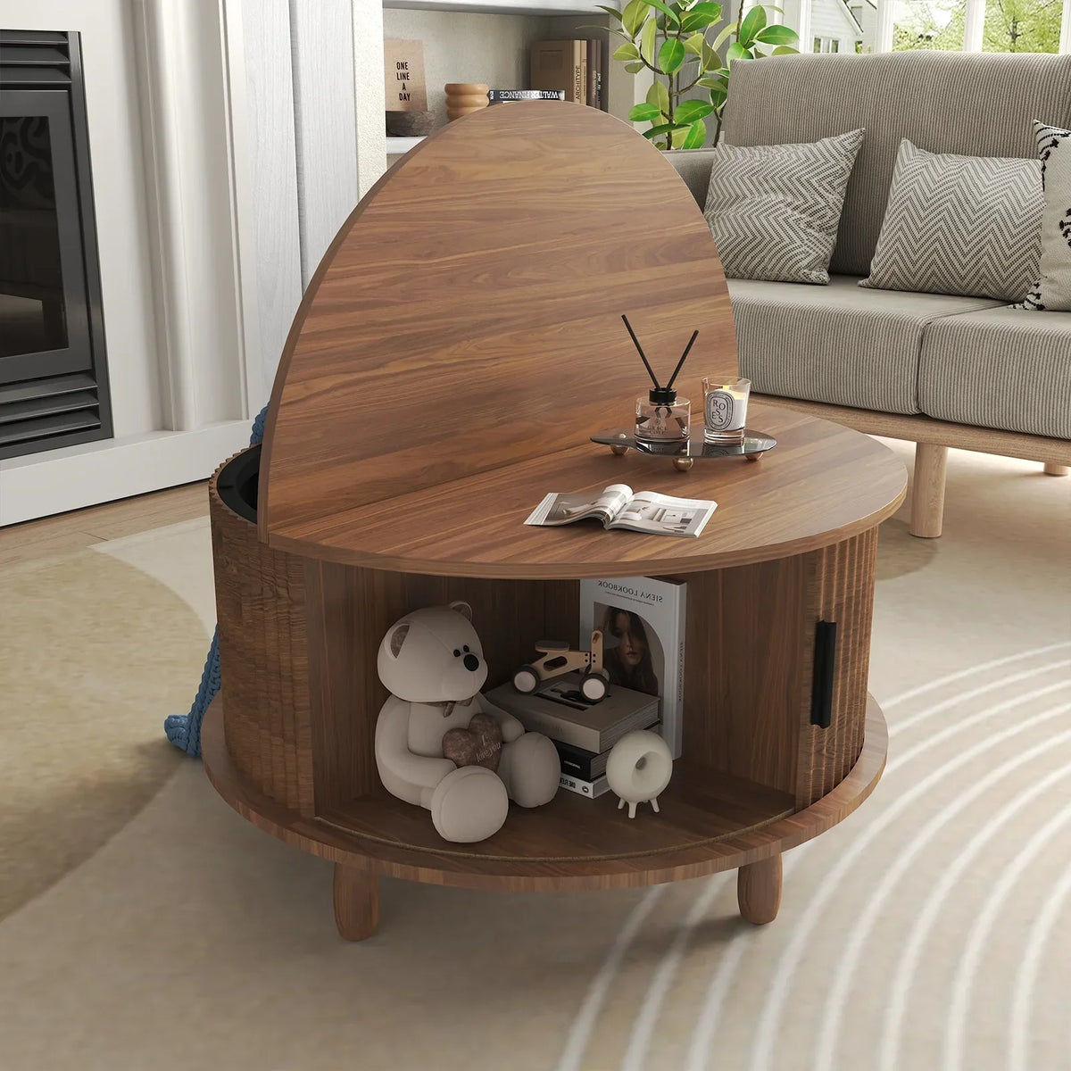 Nouveauté 2026 – Table basse ronde RUMLIVE avec rangement, table basse moderne de 78 cm avec porte coulissante incurvée à 360°, table basse en bois cannelé avec patins, table centrale ronde pour salon, noire