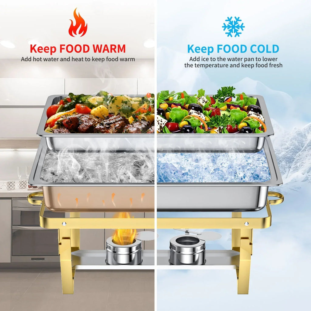 Nouveauté 2026 – Ensemble de 4 chafing dishes : Chafing dishes TINANA 8 QT en acier inoxydable pour buffet, chauffe-plats et réchauds pour fêtes, événements, mariages, camping, dîners - Or