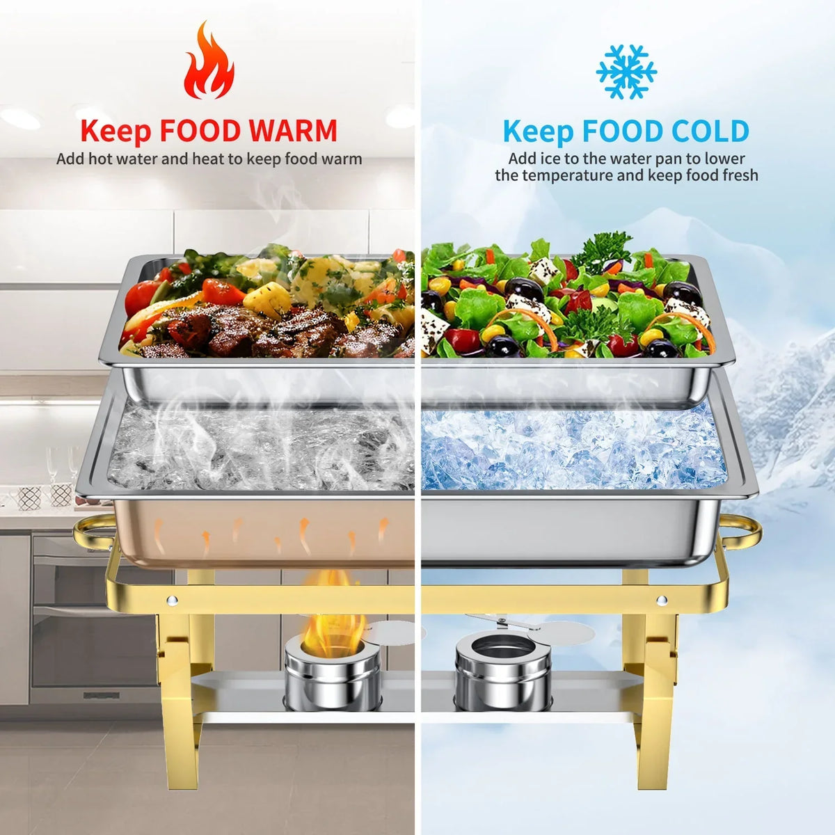 Nouveauté 2026 – Ensemble de 4 chafing dishes : Chafing dishes TINANA 8 QT en acier inoxydable pour buffet, chauffe-plats et réchauds pour fêtes, événements, mariages, camping, dîners - Or
