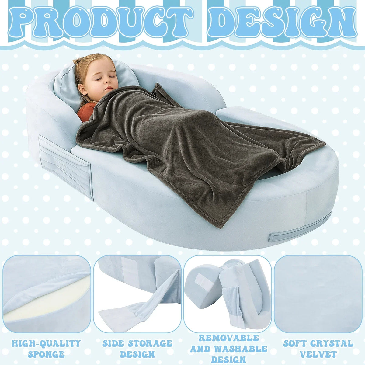 Nouveauté 2026 – Lit de voyage pour tout-petits Coumy 2-en-1 avec housse amovible, matelas pliable et portable en mousse souple, sac de transport inclus, bleu