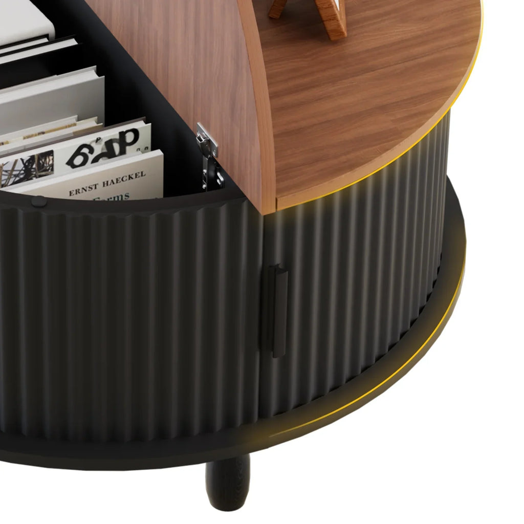 Nouveauté 2026 – Table basse ronde RUMLIVE avec rangement, table basse moderne de 78 cm avec porte coulissante incurvée à 360°, table basse en bois cannelé avec patins, table centrale ronde pour salon, noire