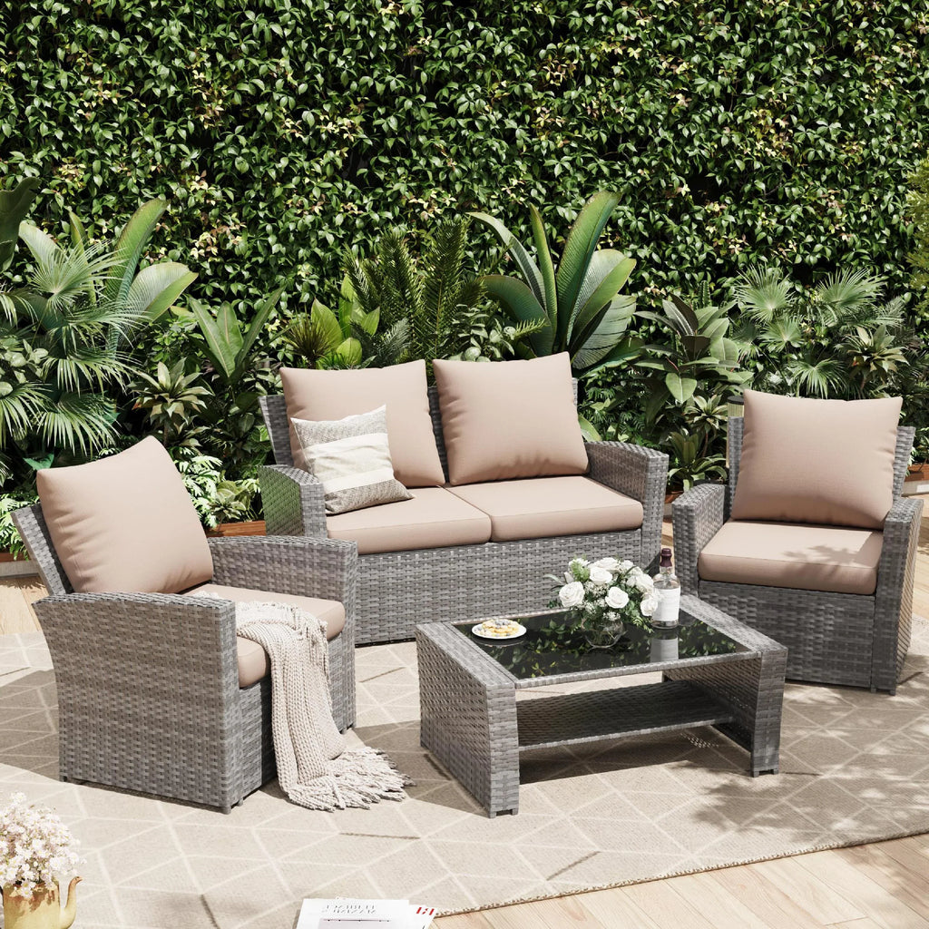 Nouveauté 2026 – Ensemble de mobilier de patio en résine tressée UDPATIO , ensemble de conversation d'extérieur 4 pièces, canapé de patio en rotin PE gris pour balcon, porche, jardin, gris