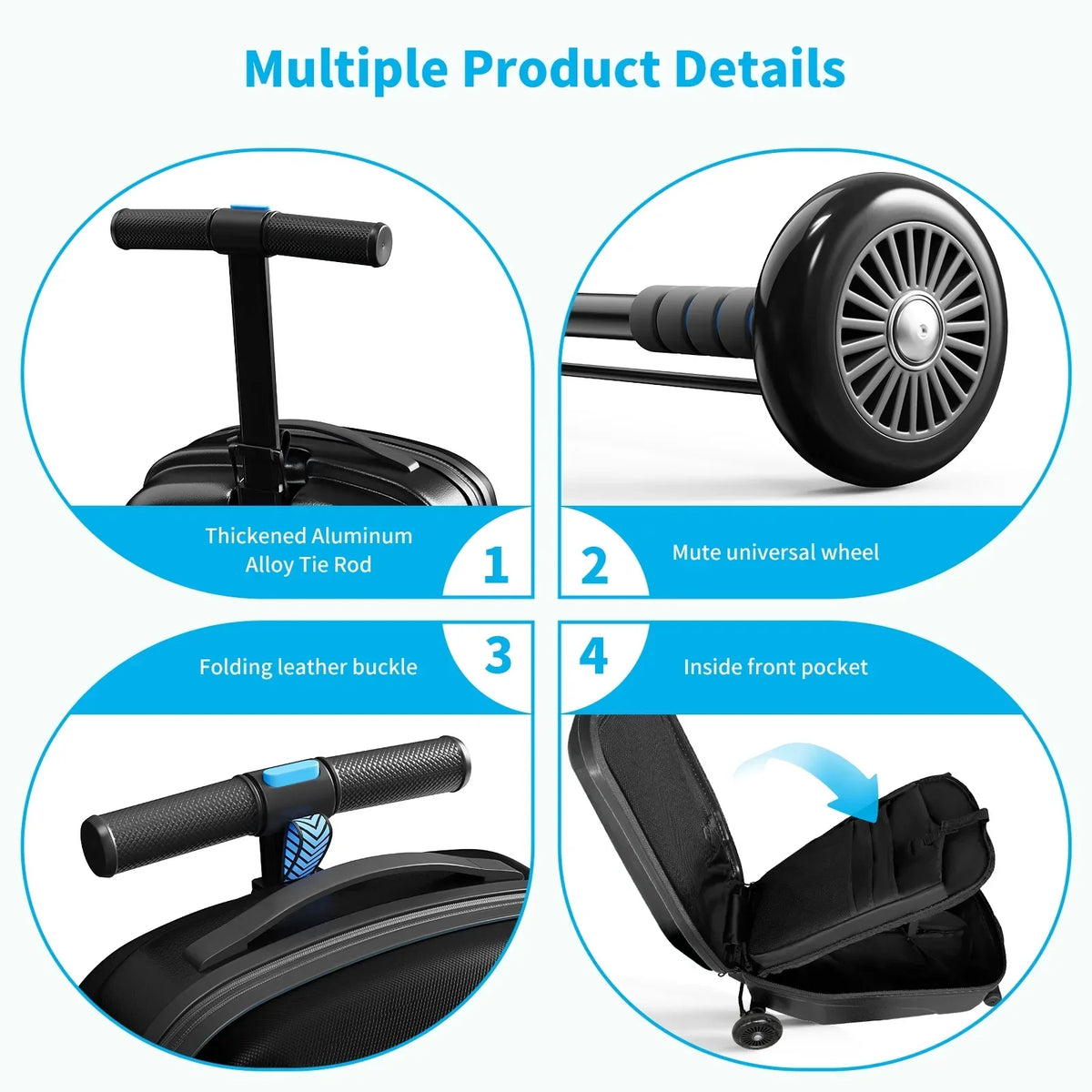 Nouveauté 2026 – Muhub - Valise-trottinette 2 en 1 pour enfants et adultes, pliable et à roulettes, bleu clair