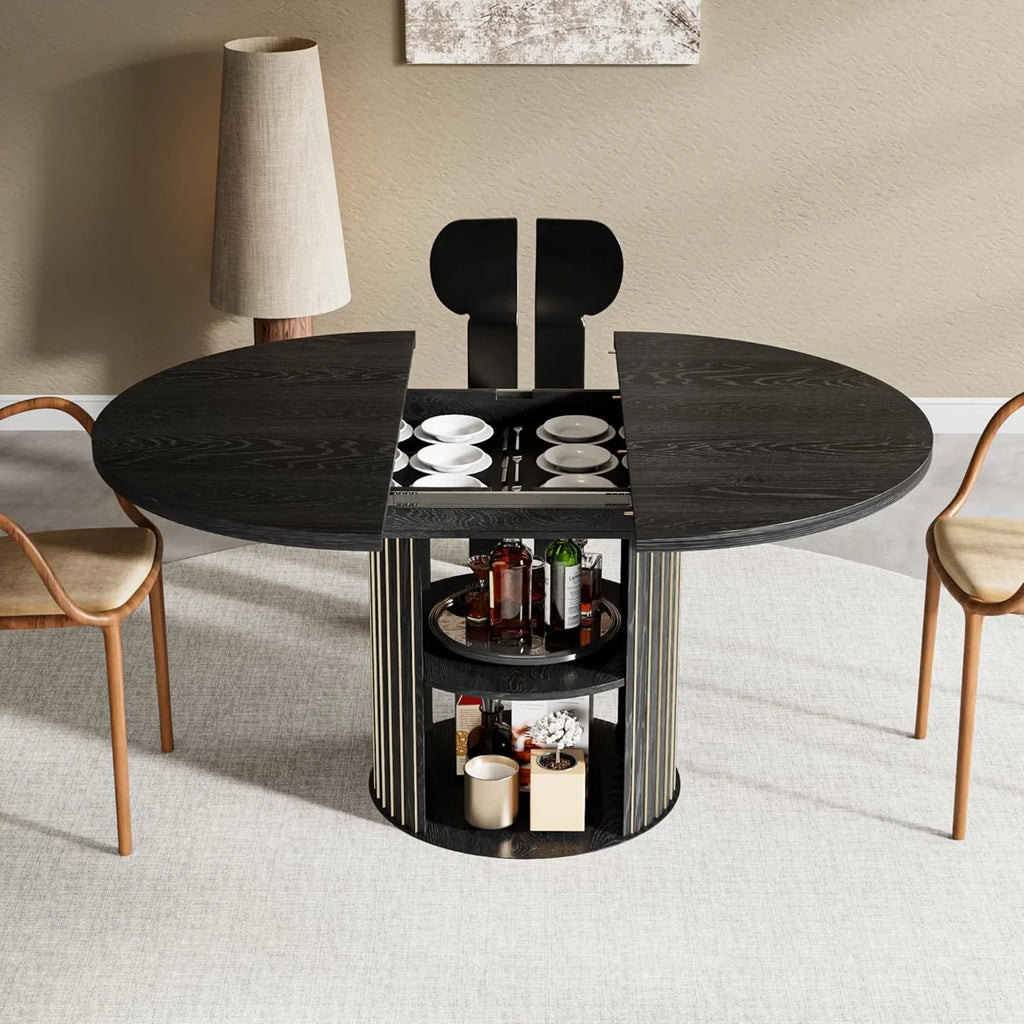 Nouveauté 2026 – Table de salle à manger extensible pour 4 à 6 personnes, table de cuisine ronde avec étagère de rangement, tables de salle à manger ovales pour salon (noyer