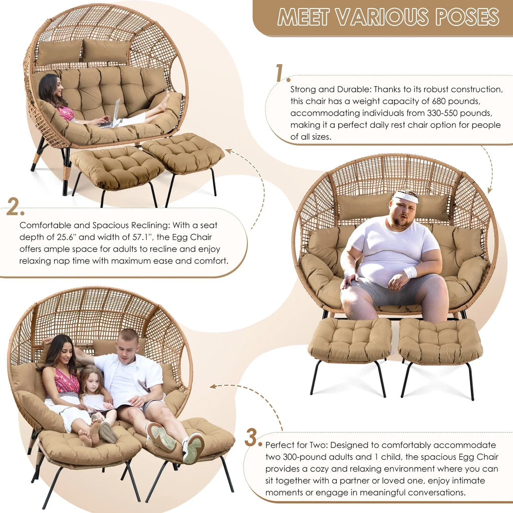 Nouveauté 2026 – Fauteuil double œuf RADIATA pour 2 personnes, canapé deux places surdimensionné en résine tressée avec coussins épais, capacité de 308 kg, fauteuil de jardin/terrasse fixe pour intérieur/extérieur, balcon, jardin, beige
