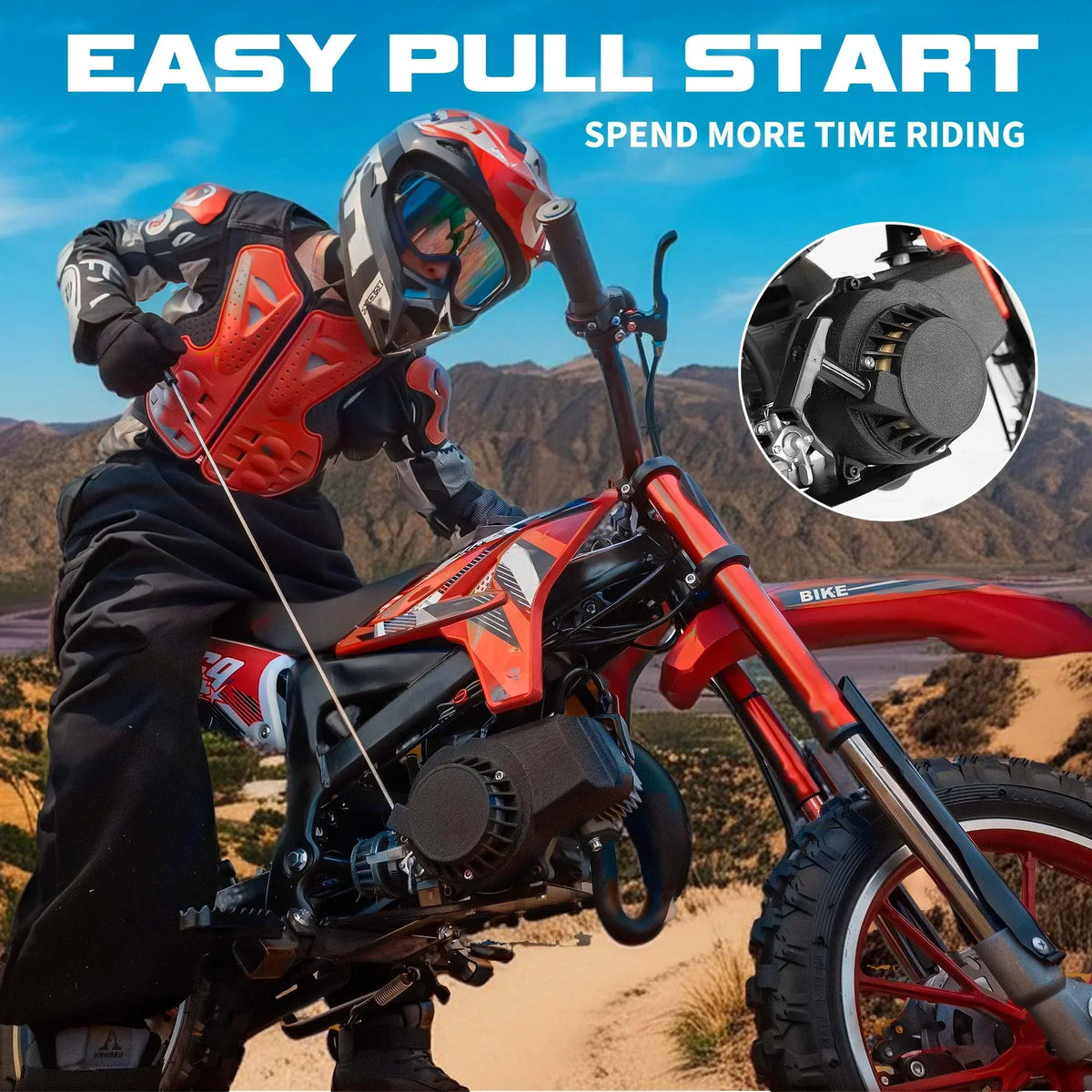 Nouveauté 2026 – Moto tout-terrain enfant MX 49 cm³ , moteur 2 temps à essence, suspension à ressorts, selle confortable, freins à disque avant et arrière, vitesse maximale de 45 km/h