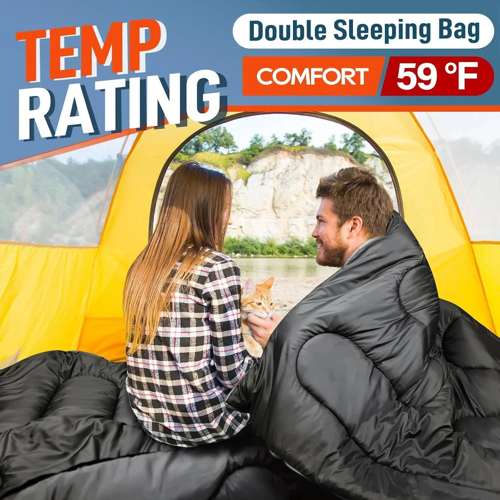 Nouveauté 2026 – Sac de couchage double pour adultes (hommes) avec oreiller, taille XL/Queen, idéal pour le camping, la randonnée et le trekking toutes saisons, par temps froid et chaud