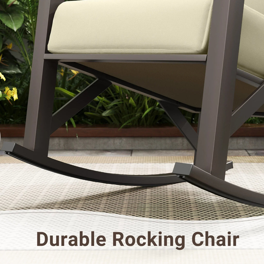 Nouveauté 2026 – Ensemble bistro MRUAKA , 3 pièces, comprenant 2 fauteuils à bascule et 1 table basse en métal avec coussins épais, idéal pour véranda, jardin ou bord de piscine, couleur beige