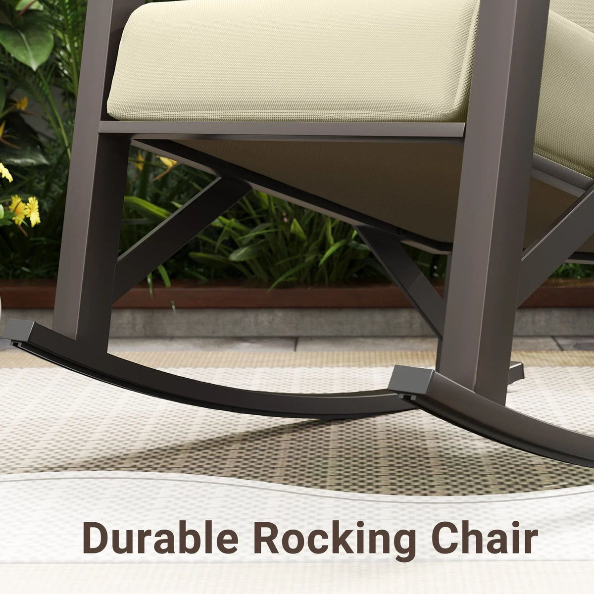 Nouveauté 2026 – Ensemble bistro MRUAKA , 3 pièces, comprenant 2 fauteuils à bascule et 1 table basse en métal avec coussins épais, idéal pour véranda, jardin ou bord de piscine, couleur beige