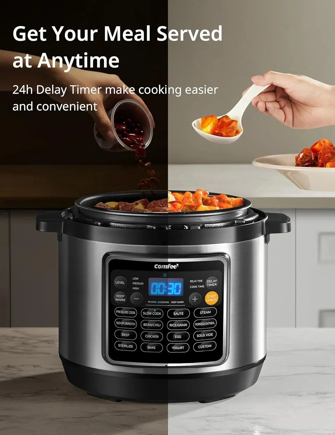 Nouveauté 2026 – COMFEE" 16 en 1 Autocuiseur électrique instantané multifonction avec fonction antiadhésive, yaourtière, cuiseur à riz, mijoteuse et cuiseur vapeur 8 litres en acier inoxydable