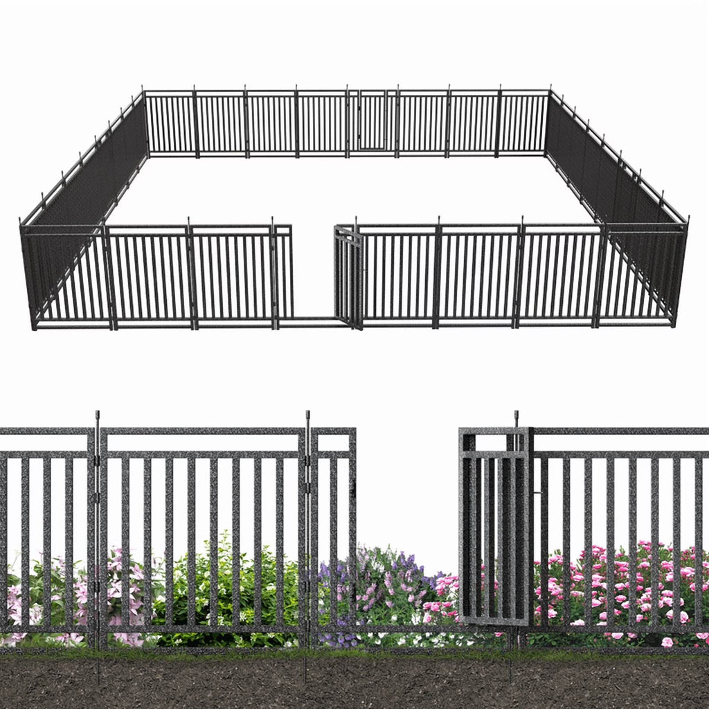 Nouveauté 2026 – Clôture décorative pour jardin Petorldog , 22 m x 1 m, 28 panneaux + 4 portails, clôture métallique anti-creusement pour chiens | Noir et argent