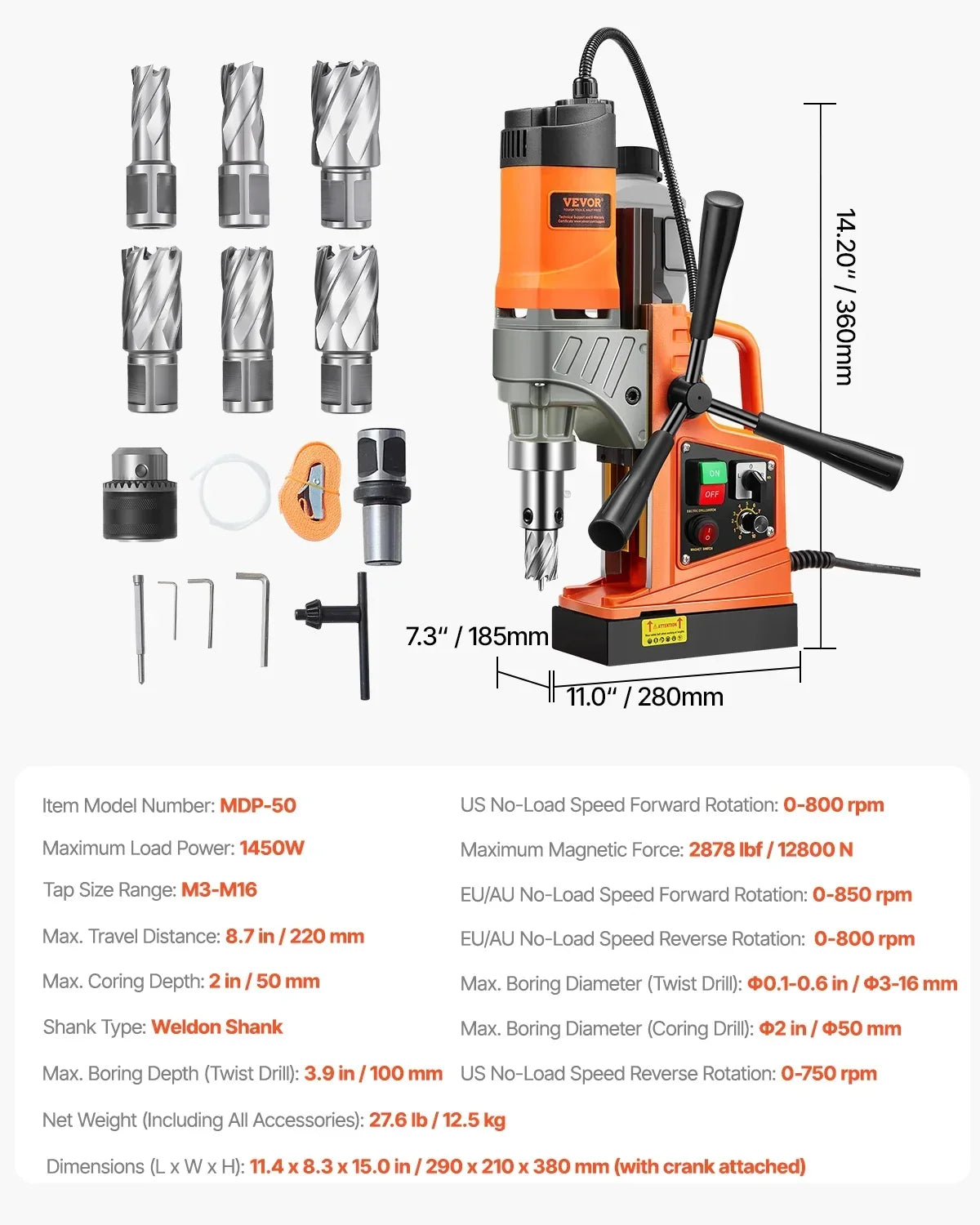 Nouveauté 2026 – Perceuse magnétique VEVOR , moteur de 1450 W, diamètre d'alésage de 50 mm, force de 1808 kgf, perceuse magnétique électrique portable, avec 6 forets à carottage, vitesse variable, machine à percer les surfaces métalliques, pour le br